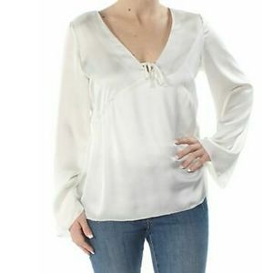 Kensie Top White Satin Bell Sleeve V-Neck Pullover